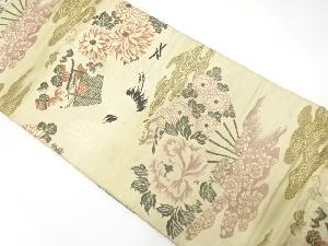 アンティーク　扇面に菊・牡丹・鶴模様織り出し丸帯（材料）